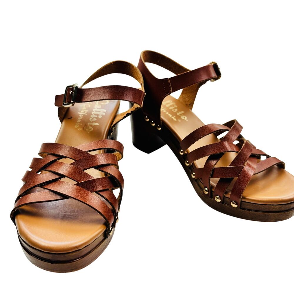 Callisto of California Boho Vegan Leather Strappy Wooden Block Heels Women's 8